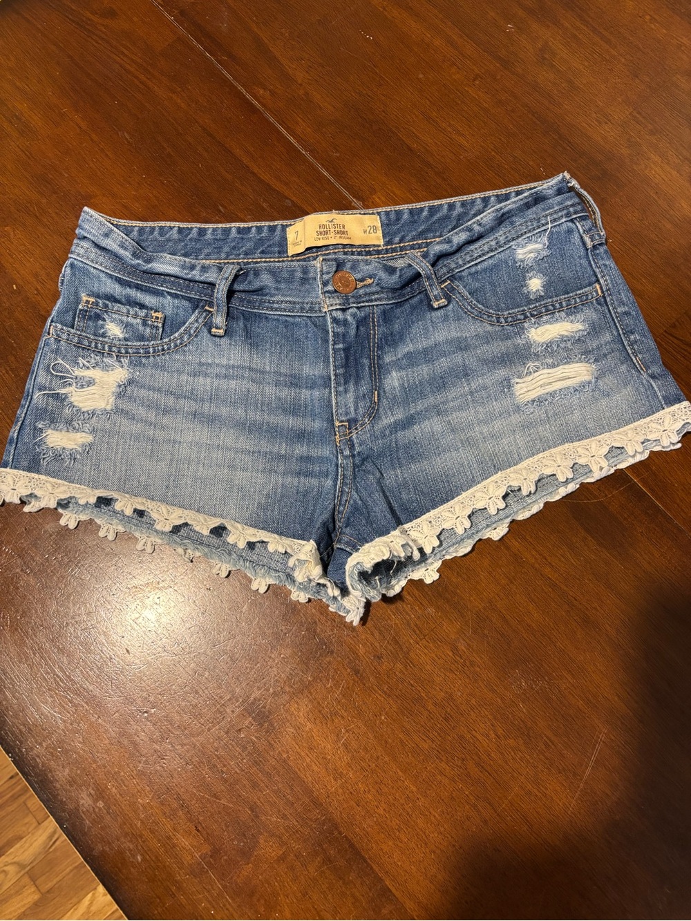 Hollister Distressed Light Blue Denim Lace-Trim Women’s Shorts